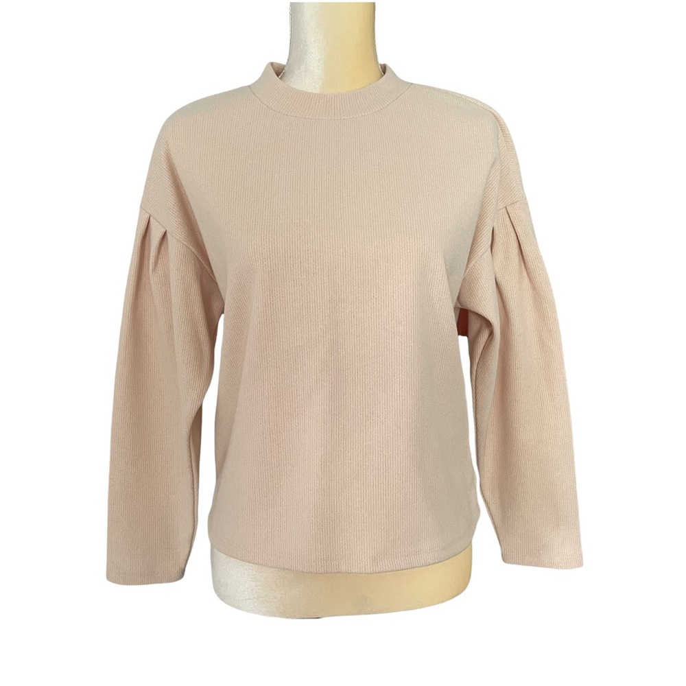 Kurious Pleated Balloon Sleeve Mock Neck Sweater Brushed Knit Size S NWT
